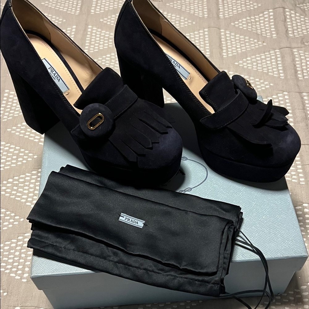 Prada Black Suede Platform Heels with Fringe - Picture 16 of 16